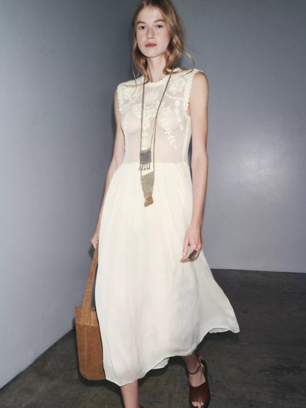ZARA Embroidered Mesh Midi Dress Cream/Ivory NWT 6895/277